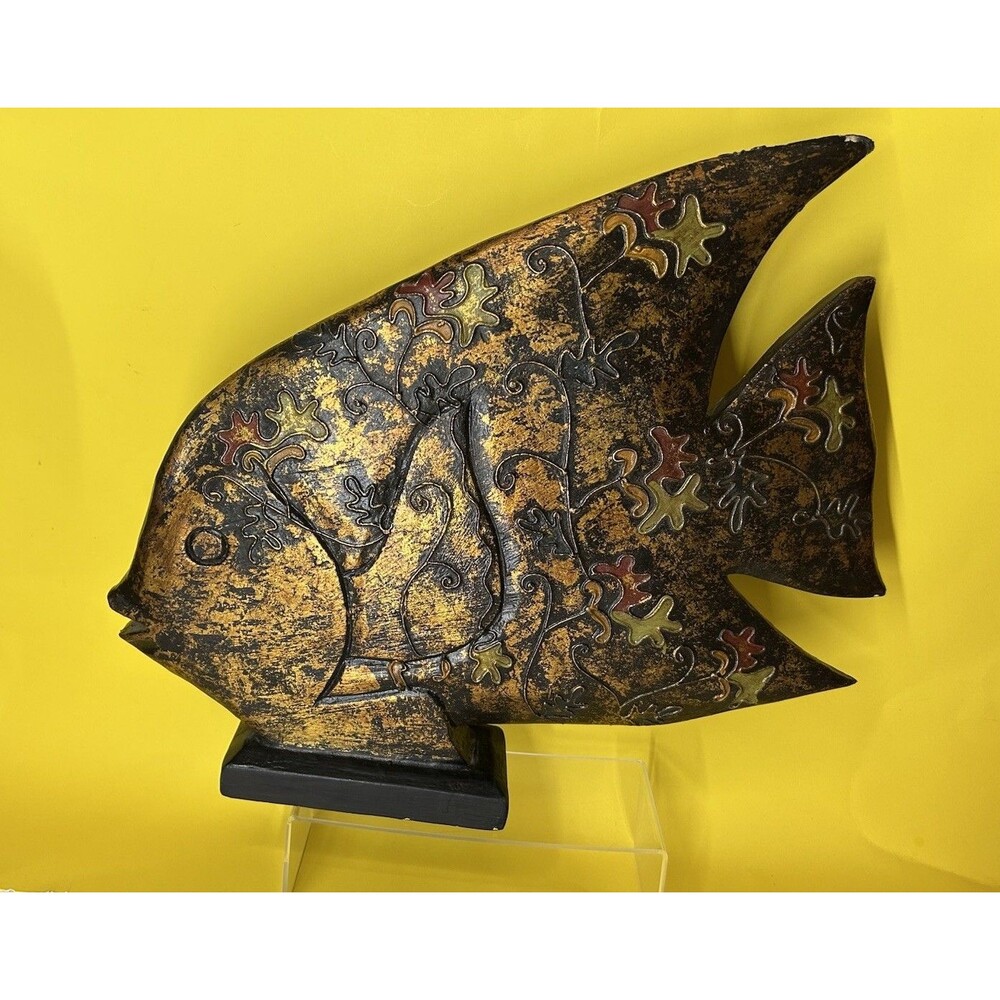 Vintage Tropical Fish Wall Decor Large Metal Look Hand Painted Gold Black Boho